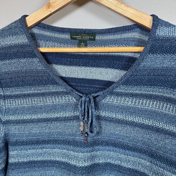 Ralph Lauren Blue Striped Tie V-Neck Pullover Sweater Long Sleeve Women's Size L - Picture 2 of 9